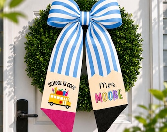 Custom Teacher Door Wreath Sash, Custom Name Classroom Door Gift Decor, Pencil Bow Yellow Plaid Ribbon, Back to School Teacher Gift