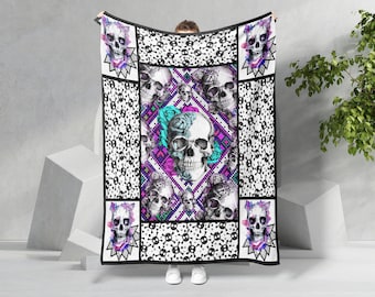Skull Floral Blanket, Skull Fleece Sherpa Blanket, Skeleton Lover Blanket, Skull Lover Blanket, Skull Mom Blanket, Skull Gift