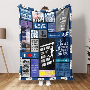 May include: A blue and white blanket with various running-themed quotes and graphics. The blanket features phrases like "Running is not a hobby," "Everyday is leg day," and "She believed she could, so she did."