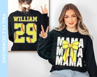 Gepersonaliseerde softbalmama png, aangepaste softbalmoeder met kindernamen en -nummer png, softbalmoeder png, softbalcoquette png, digitale download
