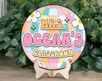 Custom Teacher Name Sign: Disco Ball Classroom Decor, Personalized Wood Door Hanger
