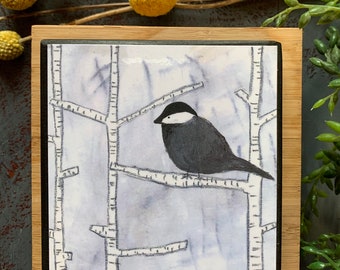 Handgemaakte kunst aan de muur, Blackcap chickadee, berkenboom, winter, zwart, wit, reproductie van origineel schilderij