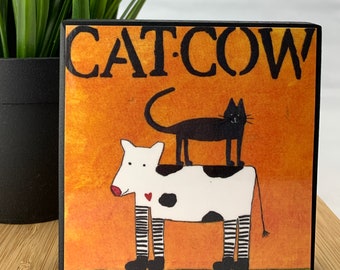 Handmade wall art, Catcow, yoga, humor, joy, from original painting