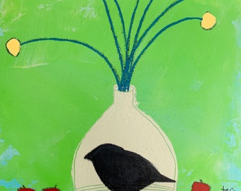 Bird vase, red apples, , original art