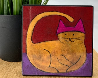 Handmade wall art, pink hat, cat, pussyhat, from original painting