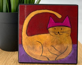 Handgemaakte kunst aan de muur, roze hoed, kat, pussyhat, van origineel schilderij