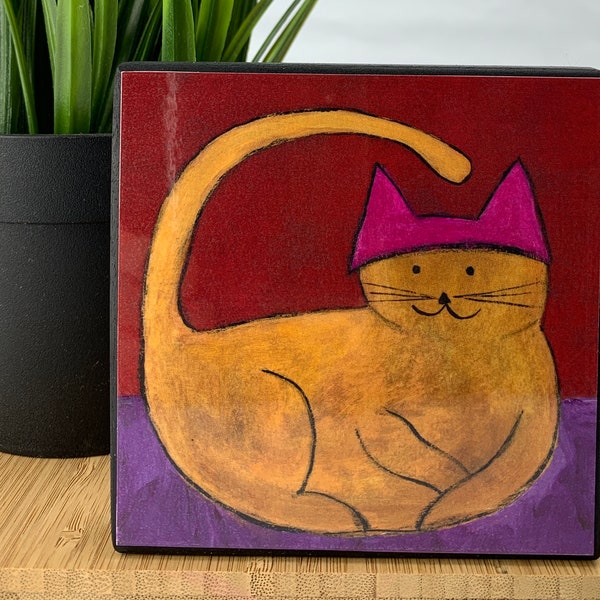 Handmade wall art, pink hat, cat, pussyhat, from original painting