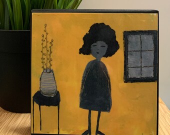 Girl, window, vase, handmade wall art, reproduction from original painting