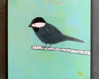 Baby chickadee, blue, handmade wall art, reproduction from original painting