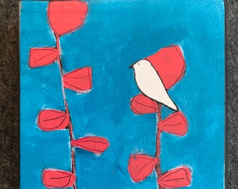 4”x4” mini original , white bird/red stems