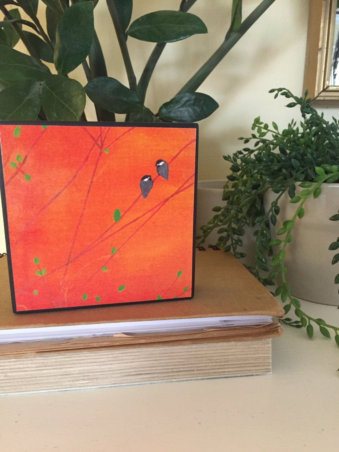 Two Blackcap Chickadees Branch Orange Home Decor Wall Decoration 4"x4