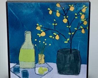 Handmade wall art, picnic, lemon tree, reproduction from original painting