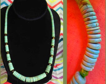Matte Green/Brass Bead Necklace, American Indian, Southwest Style, Vintage jewelry, Women or Unisex
