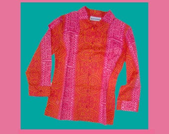 BRILLIANT Colors, Marimekko Print Blouse, Bright Orange/Yellow/Magenta/Pink, Vintage Fashion, Women