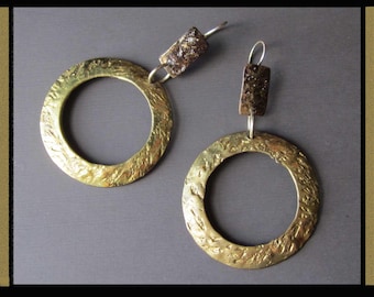 PERICLES D'Haiti, Textured Brass Hoop Earrings, Modernist Brutalist Boho, For Pierced Ears, Designer Signed, Vintage Jewelry, Women/Unisex