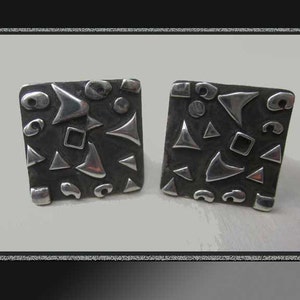 NYC Modernist FELICE Brutalist Cufflinks, 1950s Sterling Cuff Links,Interesting Applied Design,Dark Patina,Vintage Jewelry/Accessories,Men image 1