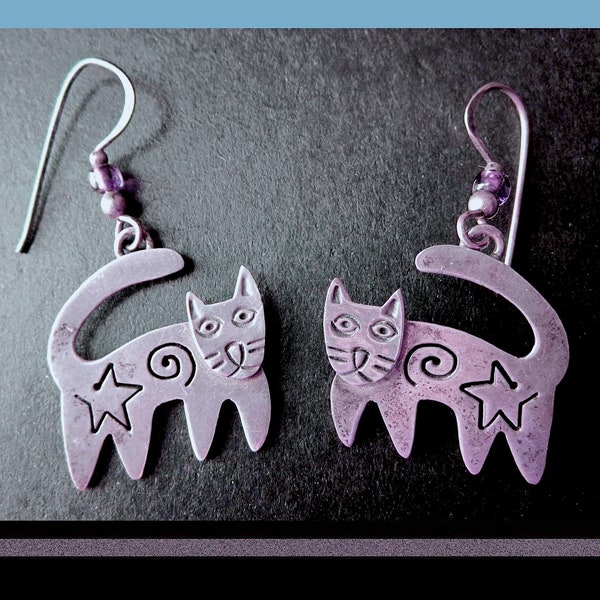 Very FETCHING Kitties, Sterling Cat Earrings with Cut Out, Modernist Cat Dangle Earrings, Far Fetched  Mexico, Vintage Jewelry, Women/Unisex
