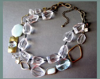 All That GLITTERS, Sparkling Two Strand Necklace, Pale Sea Blue Lucite/Brass Links, Clear Lucite Faux Crystal Beads, Vintage Jewelry/Women