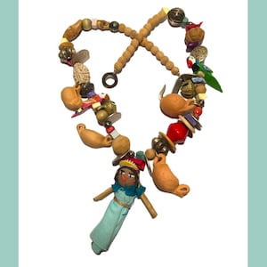 FOLKLORIC Fun, Mixed Media Assemblage Necklace, Real clay pots, Charms, Faux Coins + Seeds, Vintage Jewelry, Mexico