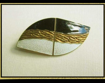 ART MODERNE, Sterling Silver Guilloché Enamel Brooch, Art Deco/Modernist, Black/White and Gold-Plated, OPRO,Norway, Vintage Jewelry, Women