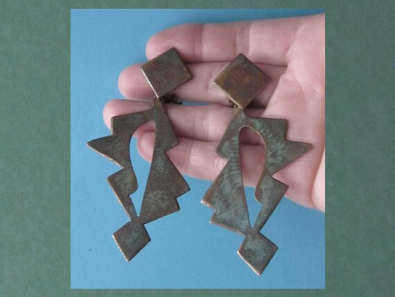 ANGULAR Bruts, Big Bold Verdigris Patina Clip Ons… - image 3