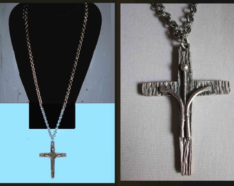 Mid Century BRUTALIST Crucifix, Abstract Cross Pendant, MId Century Design, Pewter over Copper, Original long Chain, Vintage Jewelry/Unisex