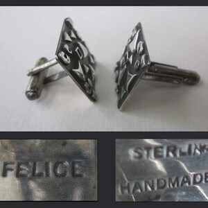 NYC Modernist FELICE Brutalist Cufflinks, 1950s Sterling Cuff Links,Interesting Applied Design,Dark Patina,Vintage Jewelry/Accessories,Men image 4