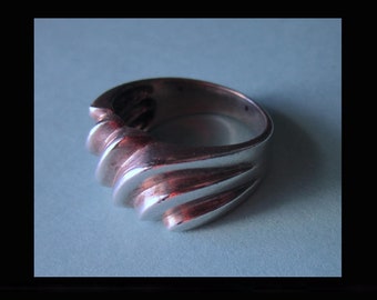 Silver WAVE, Mens Modernist Sterling Silver Ring, Mens Pinky Ring, Ridged Silver, Mid Century, Designer Signed, Vintage Jewelry Men/Unisex