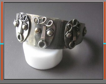 Big SURPRISE, Mixed Metal Face Bracelet, Mid Century Modernist, Applied 3-D Masks, Pedro Pujol Style, Brutalist Cuff, Vintage Jewelry/Unisex
