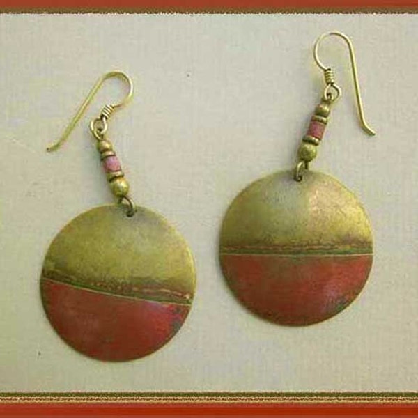 HIPPIE Girl, Boho Brass Dangle Earrings, Red Patina, Designer Signed RA, Vintage Jewelry, Women