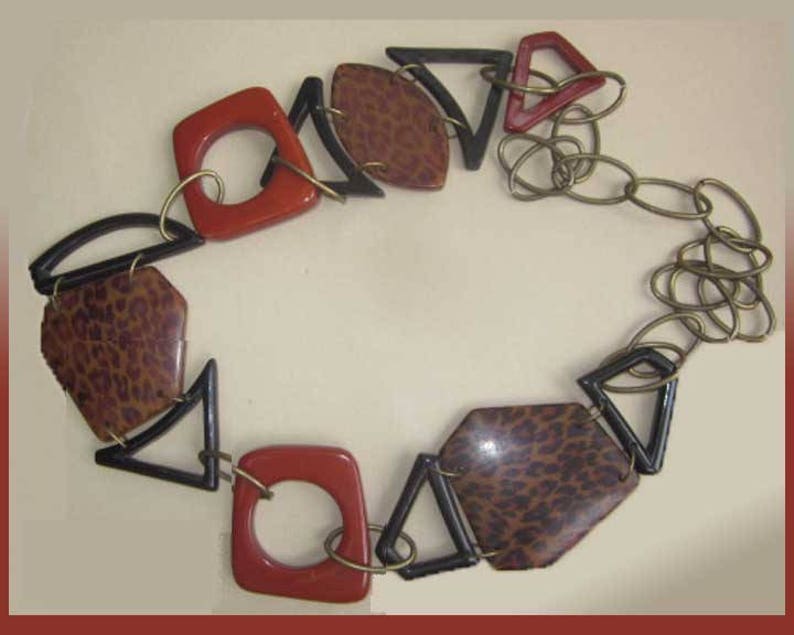 Resin and Brass Link Necklace Leopard Design Print Vintage Jewelry Hot Orange and Black Geometric Links Women JAZZY