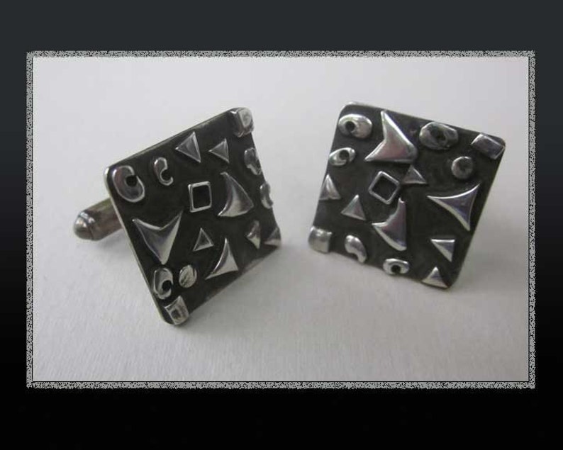 NYC Modernist FELICE Brutalist Cufflinks, 1950s Sterling Cuff Links,Interesting Applied Design,Dark Patina,Vintage Jewelry/Accessories,Men image 2