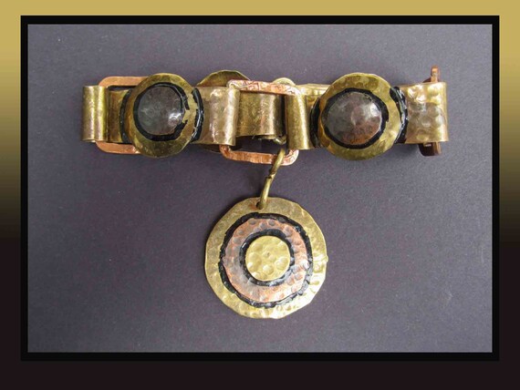 New RARE VTG Modernist Hammered Copper Brass Pewter Round Disc Tri-Color Belt WOWOGO Western Boho Chunky Cowgirl Disc Belt for Women  main image 4
