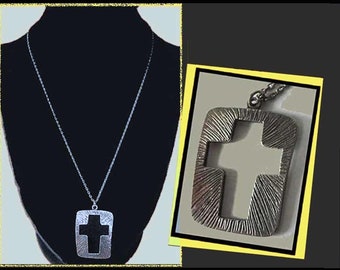 GUY VIDAL Early Brutalist Negative Space Cross Signed Pendant , catalog  P105,  Rough Texture Cut Out Cross, Canada, Vintage Jewelry, Unisex