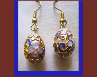 GOLDEN Eggs, Cloisonné Enamel Inlaid Gold Tone Dangle Earrings, Vintage Jewelry, Women