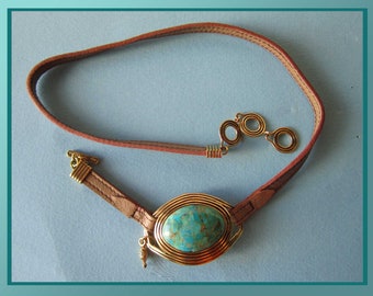 Attractive BOHO Necklace Brass-Set Large Turquoise Stone on Leather Strap, Toggle Clasp, Adjustable Length, Signed, Vintage Jewelry/Women