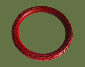 Carved CINNABAR Bangle, Deep Red Chinese Bracelet, Floral Motif, Vintage Jewelry, Women/Unisex