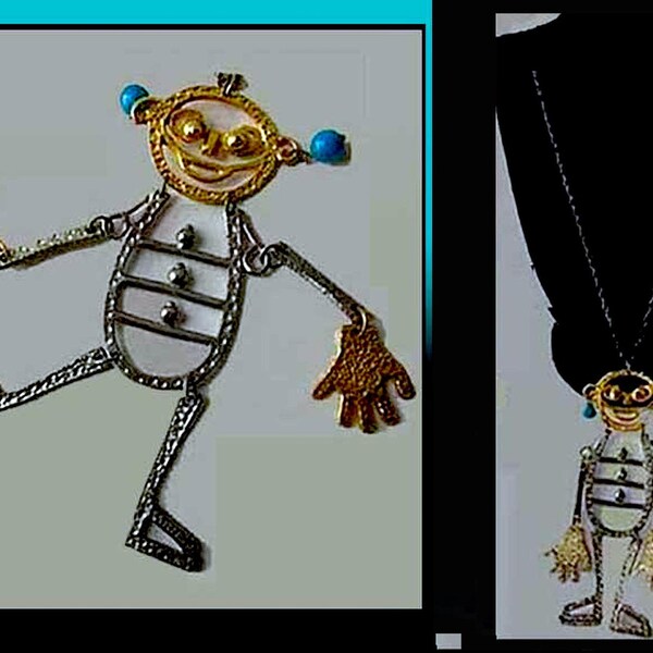 Send in the CLOWN, Huge Polcini Style Articulated Pendant, Posable Arms Legs, Gold Tone Statement Pendant, MovVintage Jewelry, Women/Unisex