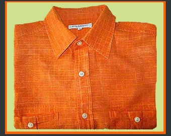Orange CRUSH -Finely Woven Linen/Cotton Weave Check Spring/Summer Shirt, Mens Long Sleeve, Dress/Casual,Vintage Fashion/Men
