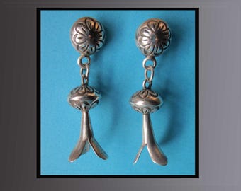 Swinging SQUASH Blossoms, Lovely Sterling Silver Navajo Dangle Earrings, Southwestern Style, Designer Iniitials S C, Vintage Jewelry, Women