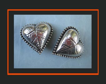 SOUTHWESTERN Style Puffy Heart Clip Earrings, Joan Slifka Style, Silver Look Alpaca?, Vintage Jewelry, Women