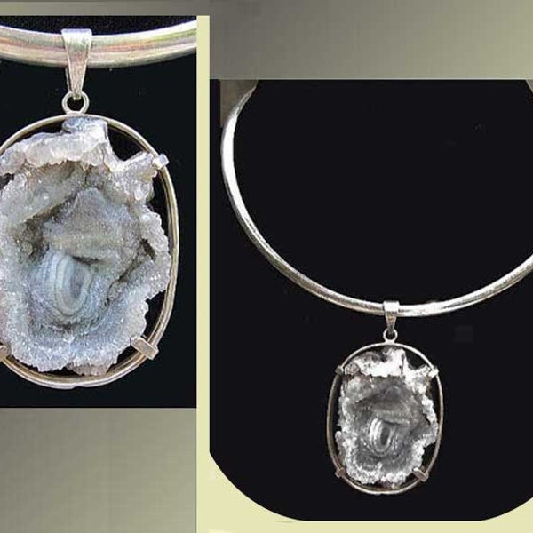 Crystalline Modernist Geode Druzy Pendant /Sterling Silver Collar,Vintage Jewelry,Women