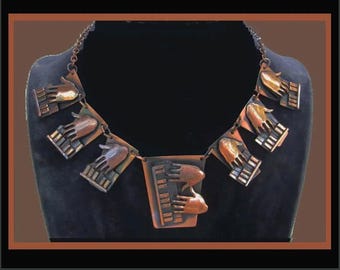 Jazz Age Art Deco Copper Piano Necklace,Sculptural Hands/Piano Keys,Vintage Jewelry,Women