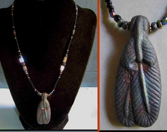 RAKU Feathers Pendant on Pretty Beaded Necklace, Ceramic Pendant, Sparkling Glass Seed Beads/Faceted Beads, Arrow and Heart Toggle Closure