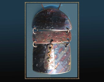 Painted PATINAS, Mixed Metals Artisan Pendant/Brooch, Copper and Brass Metal with Blue and Red Applied Patina, Chain, Vintage Jewelry/Unisex