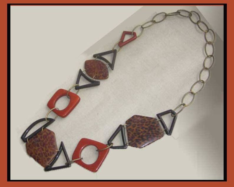 Resin and Brass Link Necklace Leopard Design Print Vintage Jewelry Hot Orange and Black Geometric Links Women JAZZY