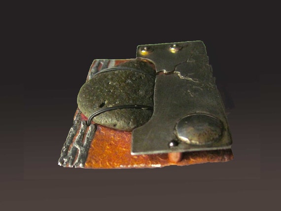 ROCK Solid, Artisan Hand Signed Brooch with Pebbl… - image 3