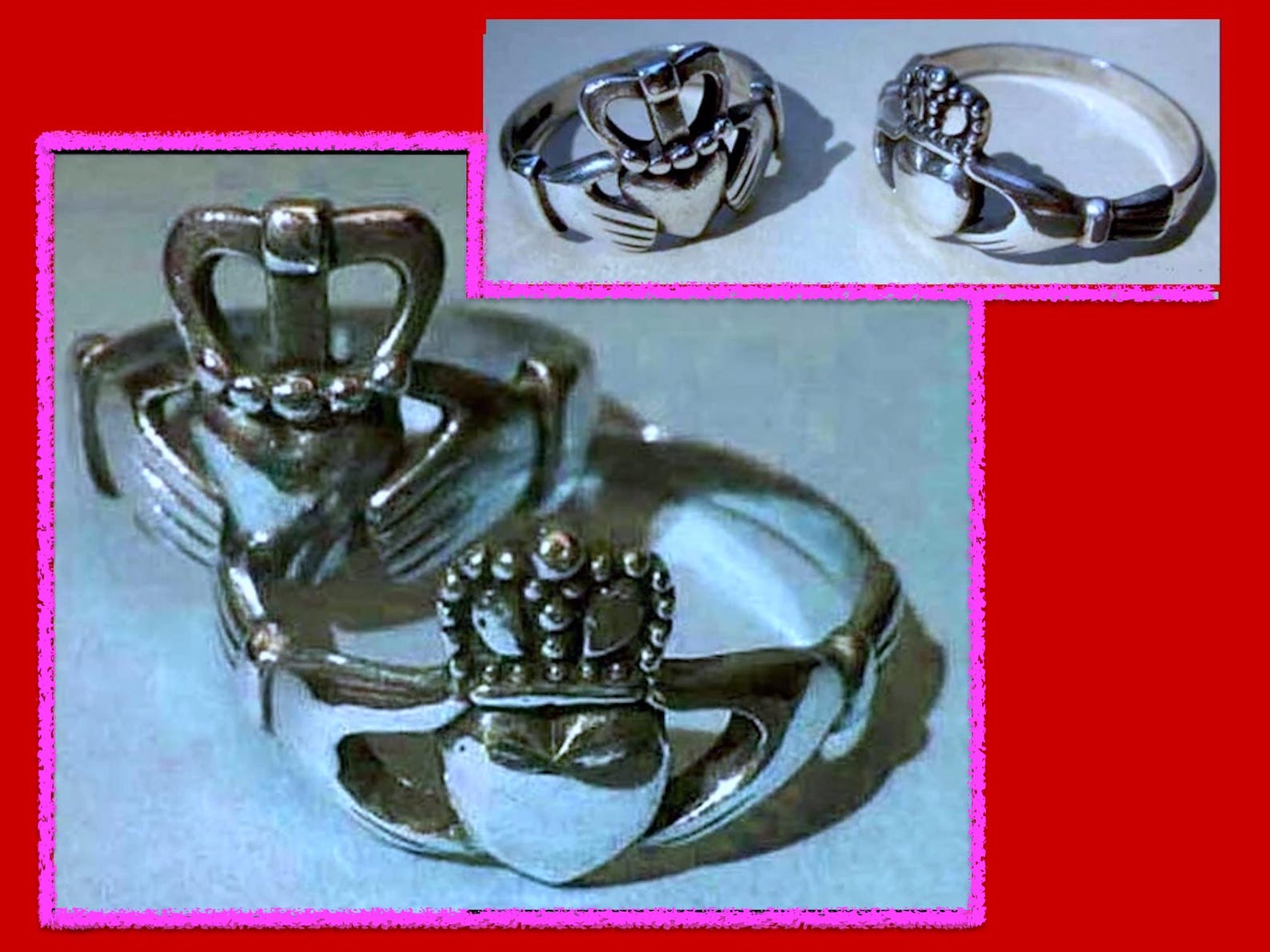 Two Sterling CLADDAGH Rings, One Finger Ring, One Large Scarf Ring, Love Loyalty Friendship, Irish Rings, Hands Heart Crown,Vintage Jewelry
