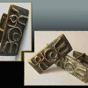 CAVE DWELLERS, Brutalist Bronze Cufflinks, Primitive Cave Drawing Motif, Ancient Runes, Hieroglyphic Style, Vintage Jewelry, Men/Unisex image 1