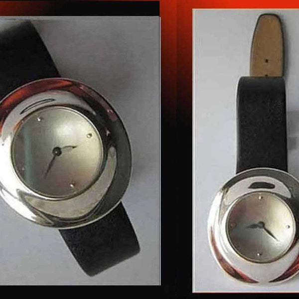 Robert Lee Morris Wristwatch, Modernist Sterling Silver Moon Crater Face, Black Deployment Clasp Band, Swiss made, Vintage Jewelry,Women